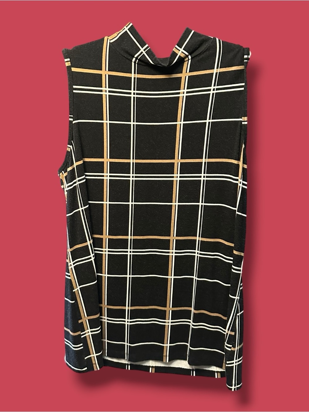 Charter Club Black Plaid Sleeveless Mock Neck Tank with Tan & White Lines